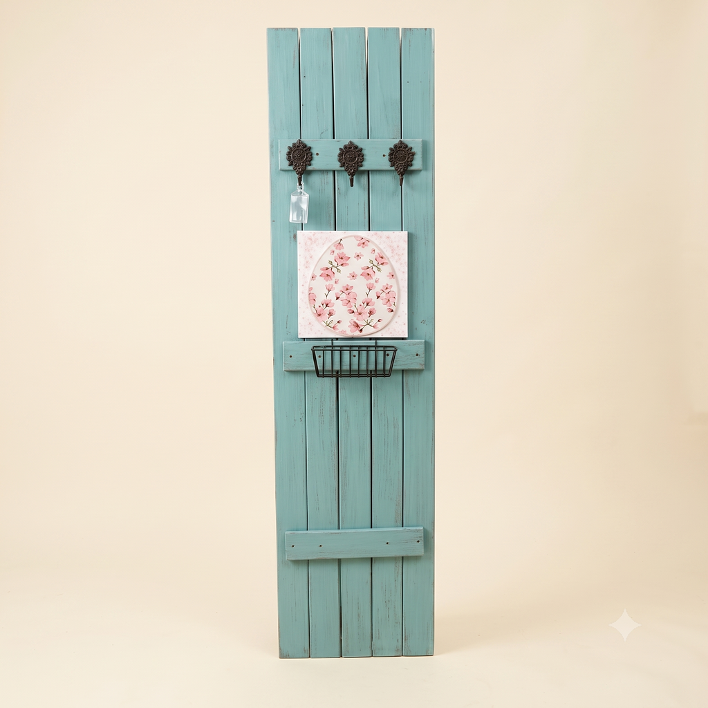 Turquoise Wood Entryway Organizer with Hooks & Basket