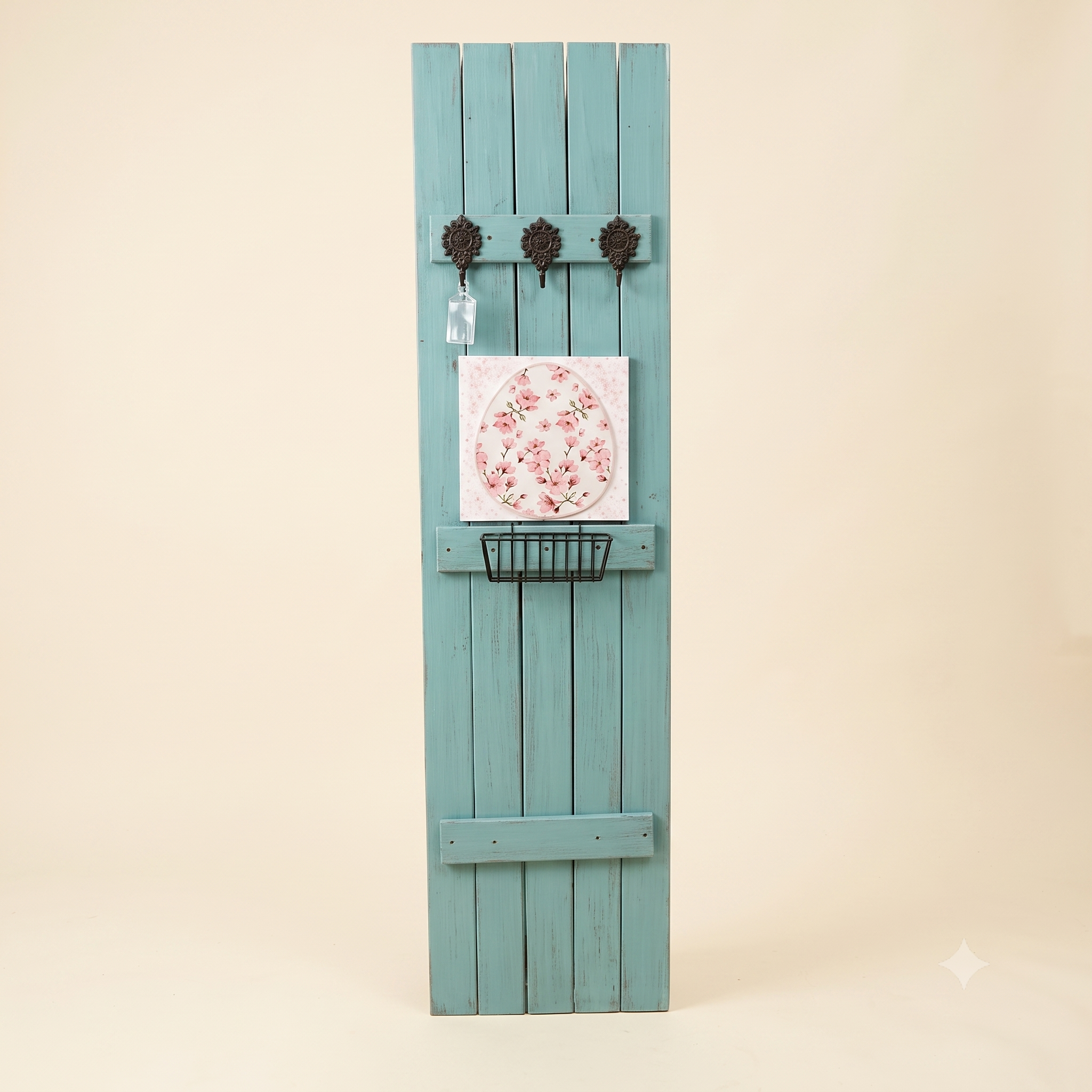 Turquoise Wood Entryway Organizer with Hooks & Basket