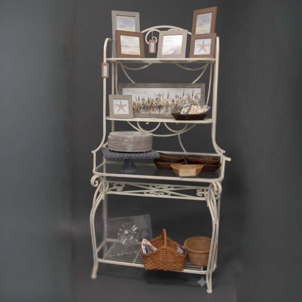 Vintage Cream Wrought Iron Baker's Rack