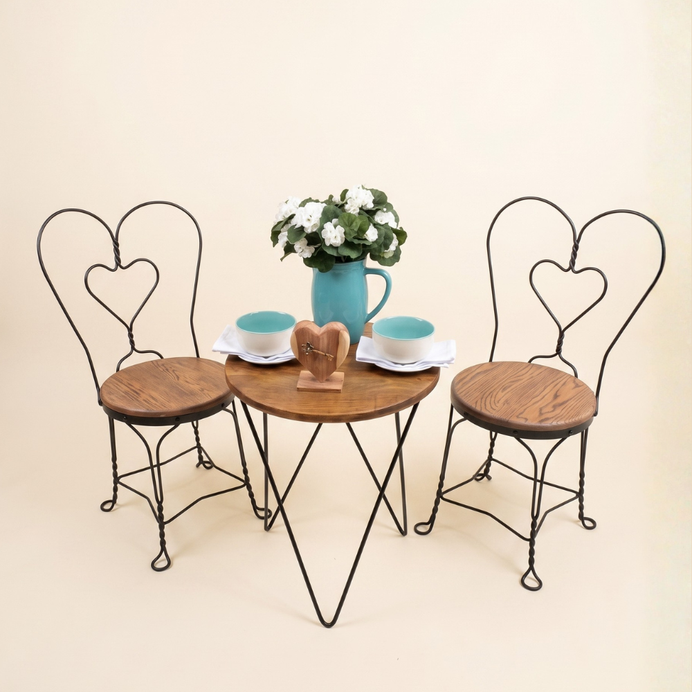 3-Piece Wood & Metal Heart Back Bistro Set