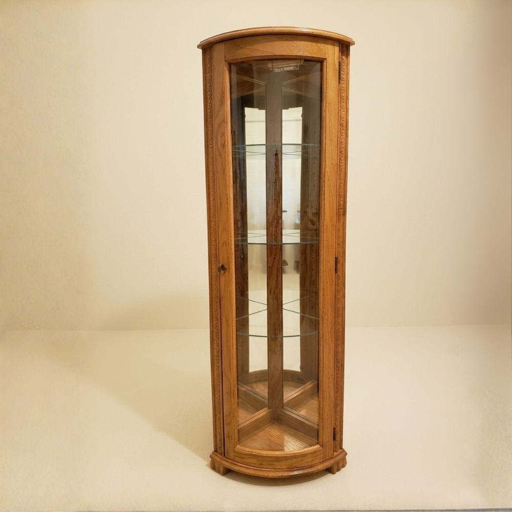 Vintage Curved Glass Corner Curio Cabinet