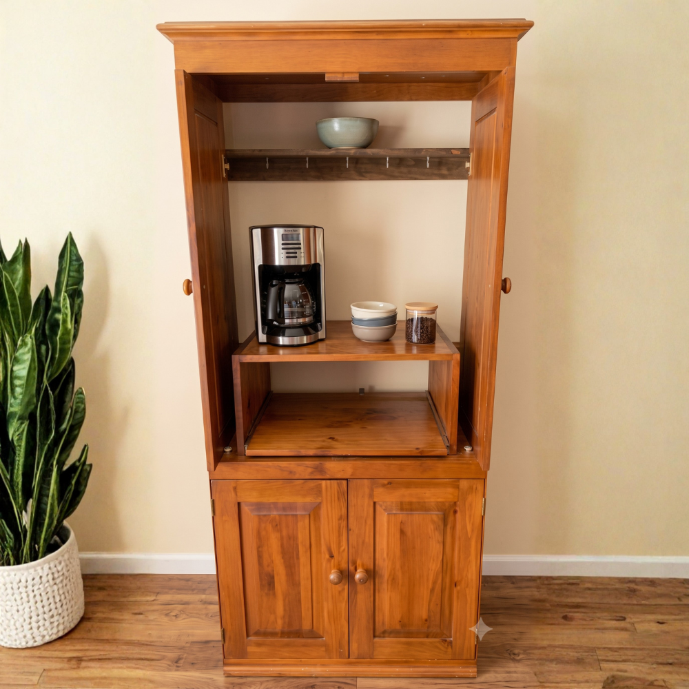 Solid Wood Armoire Coffee Bar with Slide-Out Shelf