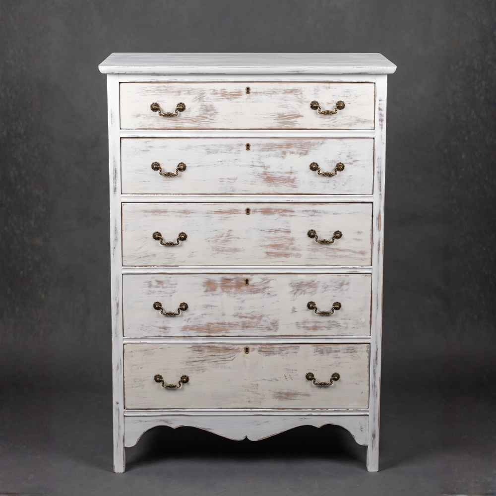 Restored 5-Drawer Distressed White Tall Dresser