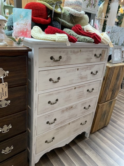 Restored 5-Drawer Distressed White Tall Dresser