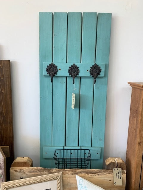 Turquoise Wood Entryway Organizer with Hooks & Basket